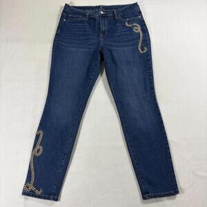 Skinny Jeans Chain Embroidered Y2K Stretch NY&Co 14 Fits Like 34 X 28 Dark Wash